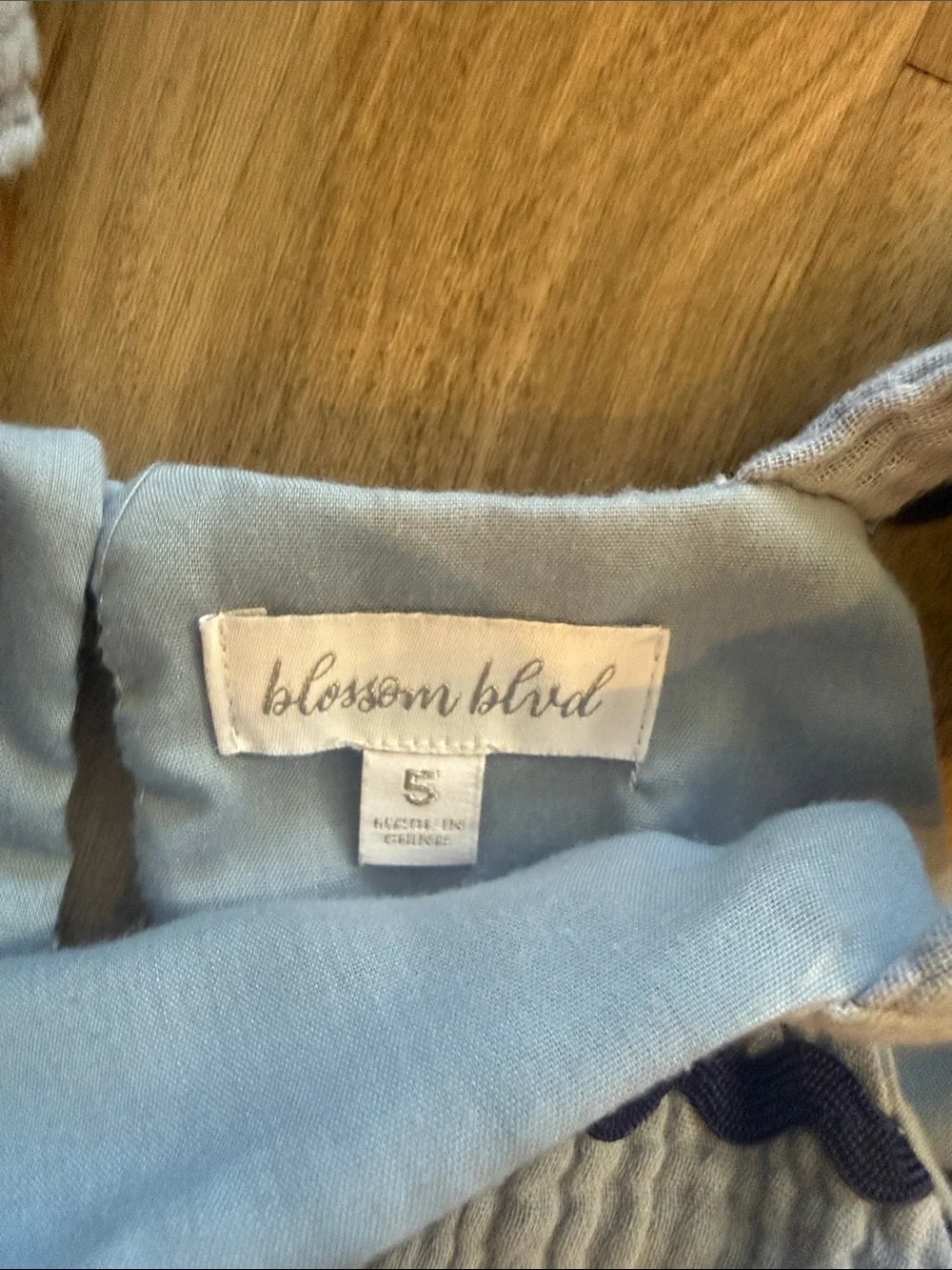 Girls' Light Blue Textured Sleeveless Dress with Navy Trim